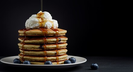 Indulge in a Stack of Fluffy Blueberry Pancakes Drizzled with Golden Syrup