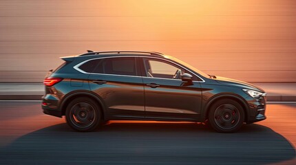 Obraz premium A moving car with blur effect, soft dreamy atmosphere, strong hard light, smooth gradient transition, seamless color blending, direct harsh shadows, hazy soft light