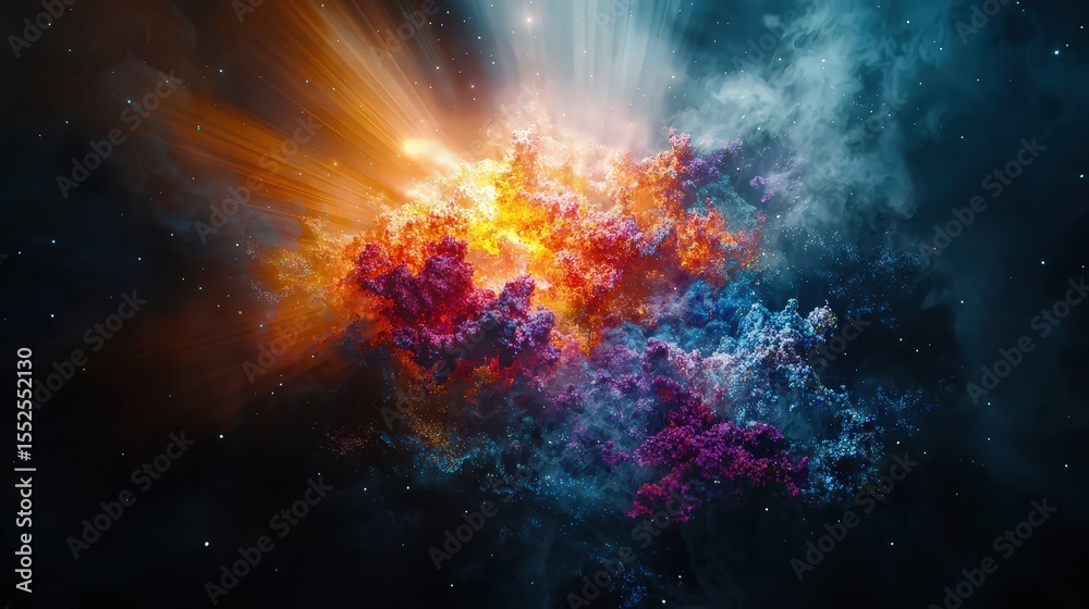 Aufkleber Burst of light in dark space with rays emanating cosmic nebula digital art dramatic universe abstract view illumination