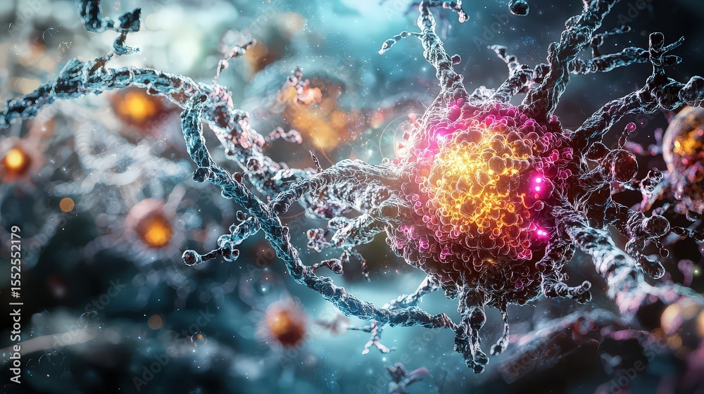 Fototapete Cellular communication event cells interacting in a vibrant microenvironment science visualization dynamic angle