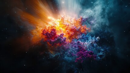 Fototapeta premium Burst of light in dark space with rays emanating cosmic nebula digital art dramatic universe abstract view illumination