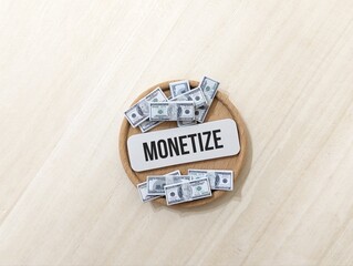 Monetize Concept with Money on a Wooden coaster. business finance concept