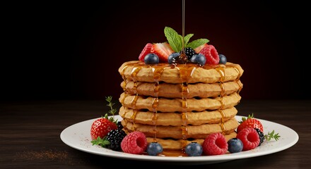 Golden Waffles Topped with Berries and Drizzled Honey