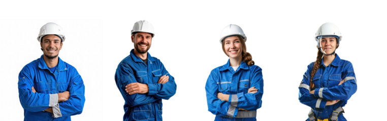 Four engineers in blue uniforms and white helmets, standing with arms crossed, against a transparent background