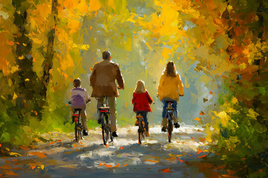 Family enjoying a leisurely bike ride through a sunlit autumn forest, colorful leaves falling, painting style - Powered by Adobe