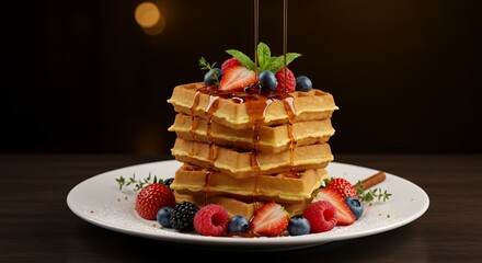 Golden Syrup Drizzles Delightfully Over a Stack of Buttery Waffles Topped with Fresh Berries