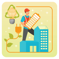 Energy Plus House. Worker Installing Solar Panels With Green Energy Conceptual Representation.