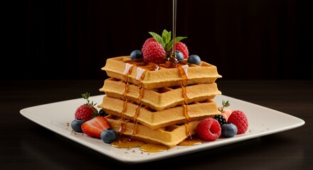 Golden Waffles Topped with Berries and Drizzled Honey, a Delightful Breakfast
