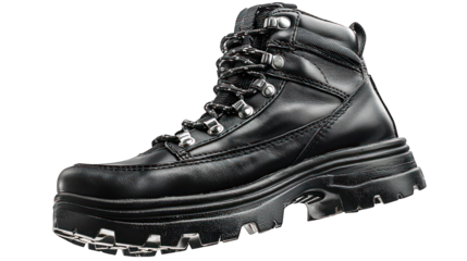 Black leather boot with thick lug sole, close-up