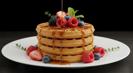 Golden Waffles Topped with Berries and Drizzled with Maple Syrup