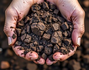 Hands holding rich, crumbly soil with organic matter, emphasizing earth's fertility and natural texture.