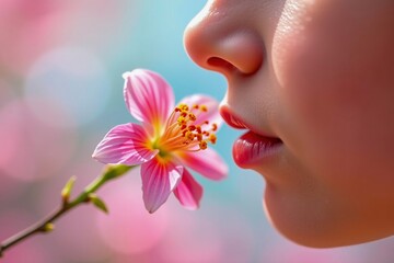 A close-up of a person's lips near a delicate pink flower with soft, blurred pastel background.