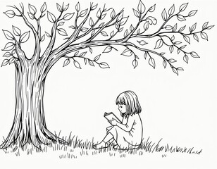 A black-and-white sketch of a girl sitting under a large leafy tree, reading a book calmly on the grass.