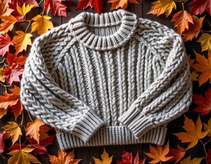 A cozy, chunky knit gray sweater lies flat on a bed of vibrant autumn maple leaves in red, orange, and yellow hues.