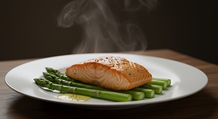Pan-Seared Salmon with Asparagus, a Culinary Delight Steaming on a White Plate