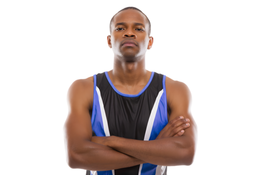 Confident athlete with arms crossed against a black background, showcasing fitness and determination.