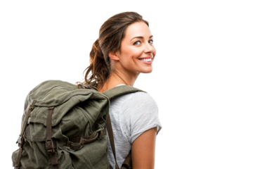 Smiling young woman with backpack looking back while traveling isolated on transparent background
