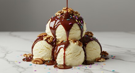 Decadent Vanilla Ice Cream Sundae Drizzled with Rich Chocolate Sauce