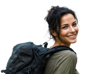 Smiling young woman with backpack looking back while traveling isolated on transparent background