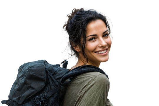 Smiling young woman with backpack looking back while traveling isolated on transparent background
