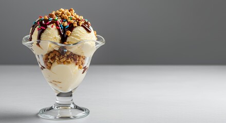 Indulge in this decadent vanilla ice cream sundae, topped with chocolate sauce, crunchy nuts, and colorful sprinkles.