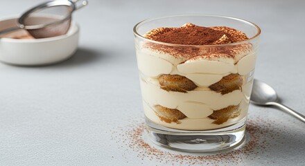 Indulge in this creamy, dreamy Tiramisu, elegantly layered in a glass, ready to savor.