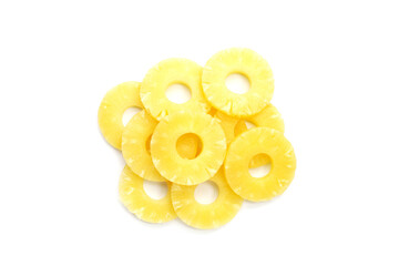 Juicy pineapple rings on white background.