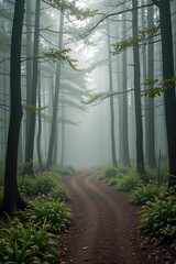 A misty forest path winds through tall trees and lush green plants, creating a serene and tranquil natural scene.