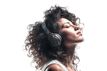 Relaxed young woman enjoying music with eyes closed and headphones isolated on transparent background