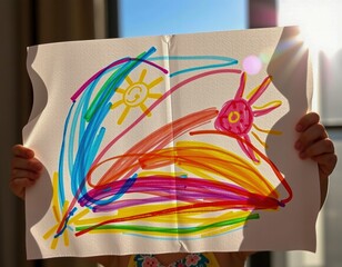 A colorful child"s drawing features a bright sun and rainbow-like arcs on a textured paper, held up with sunlight shining from the right side.