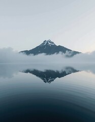 A snow-capped mountain reflects perfectly on a calm lake, surrounded by mist and soft clouds under a pale sky.