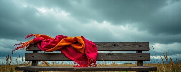A vibrant red and orange scarf lies on a wooden bench under a dramatic cloudy sky in a natural, open field setting.