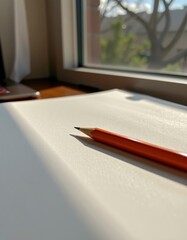 A sharpened orange pencil rests on a white surface near a sunlit window with a blurry outdoor view in the background.