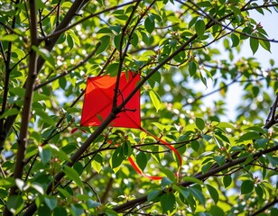 A red kite is stuck among green branches and leaves of a tree under a bright, sunny sky.