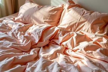 A cozy, unmade bed with soft peach-colored sheets and pillows bathed in warm natural sunlight.