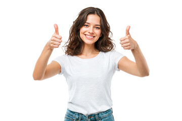 Smiling young woman showing double thumbs up gesture isolated on transparent background