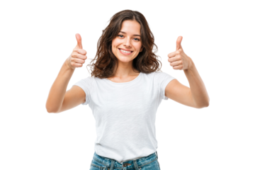Smiling young woman showing double thumbs up gesture isolated on transparent background