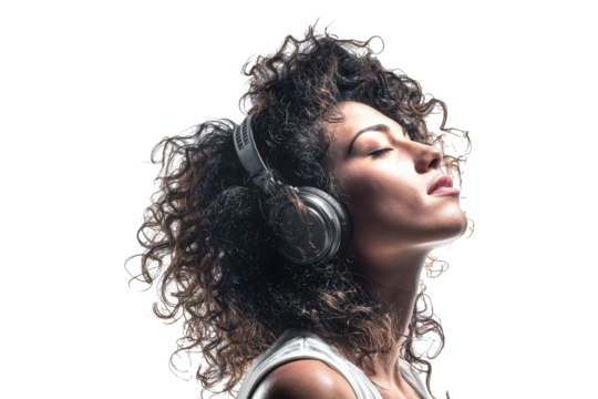 Relaxed young woman enjoying music with eyes closed and headphones isolated on transparent background