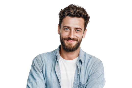 Bearded young man smiling confidently at camera isolated on transparent background