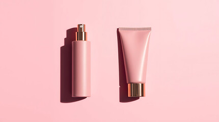 Elegant Pink Cosmetic Bottles on Glossy Surface with Soft Pink Background – Skincare Packaging Mockup Featuring Lotion Tube and Spray Bottle for Beauty Product Branding