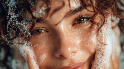 Curly-haired teen girl washing her face with foam cleanser, water splash effect, joyful expression, fresh morning beauty routine