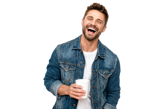 Smiling man holding takeaway coffee cup and looking at camera isolated on transparent background