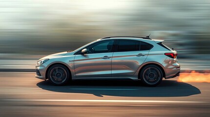 An illustration of a fast-moving car, showcasing motion blur, sharp shadows, and a dreamy atmosphere through the contrast of hard and soft lighting. Hazy, blurred background