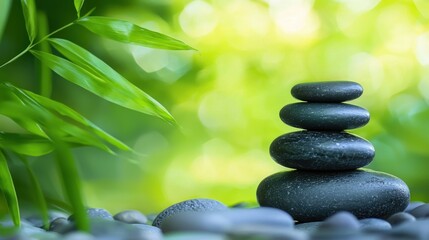 Obraz premium A stack of black stones with green bamboo leaves in a serene, natural setting.