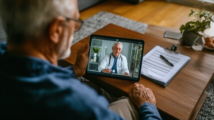 Elderly man using tablet to speak with doctor online, medical report open beside him, digital healthcare and telemedicine convenience