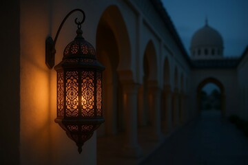 A Moroccan lantern casts warm light beside a corridor of Islamic arches at dusk. Ideal for religious, architectural, spiritual, or cultural visuals, especially during Ramadan and Middle Eastern themes