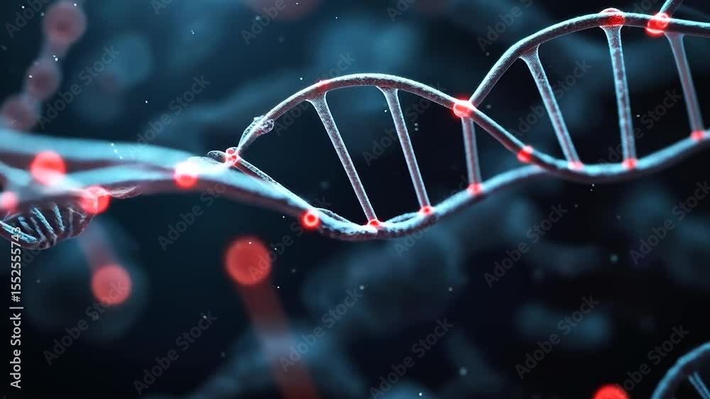 Poster Abstract DNA Helix Illuminated with Glowing Red Nodes on a Blurred Blue Background