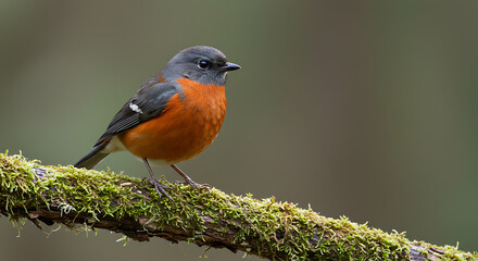 Fototapeta premium Orange Grey Bird Perched Branch Moss Forest Nature Wildlife
