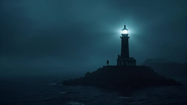 Lone lighthouse keeper night fog ocean