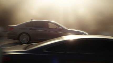 Fototapeta premium A car in motion, its form slightly blurred, with a strong light source casting harsh shadows. Soft, ethereal ambient light gives a dreamy feel. Hazy background